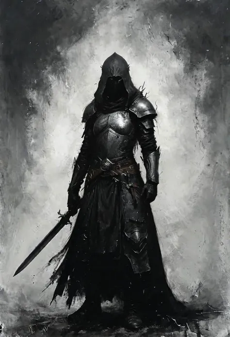 concept art of abyss knight, (((Abyssal Watcher)))
wearing (ragged, brigand, gripping a XXL giant metal shaped sword enveloped in (black darkness, fog flame) ,  leather tunic, metal plates and cloth, round shaped helmet, armor sewn together), gothic, legionaire,  by Jean-Baptiste Monge , Nazgul from lord of the rings, coif leather, holding a parchment script scroll, darkness and smoke behind