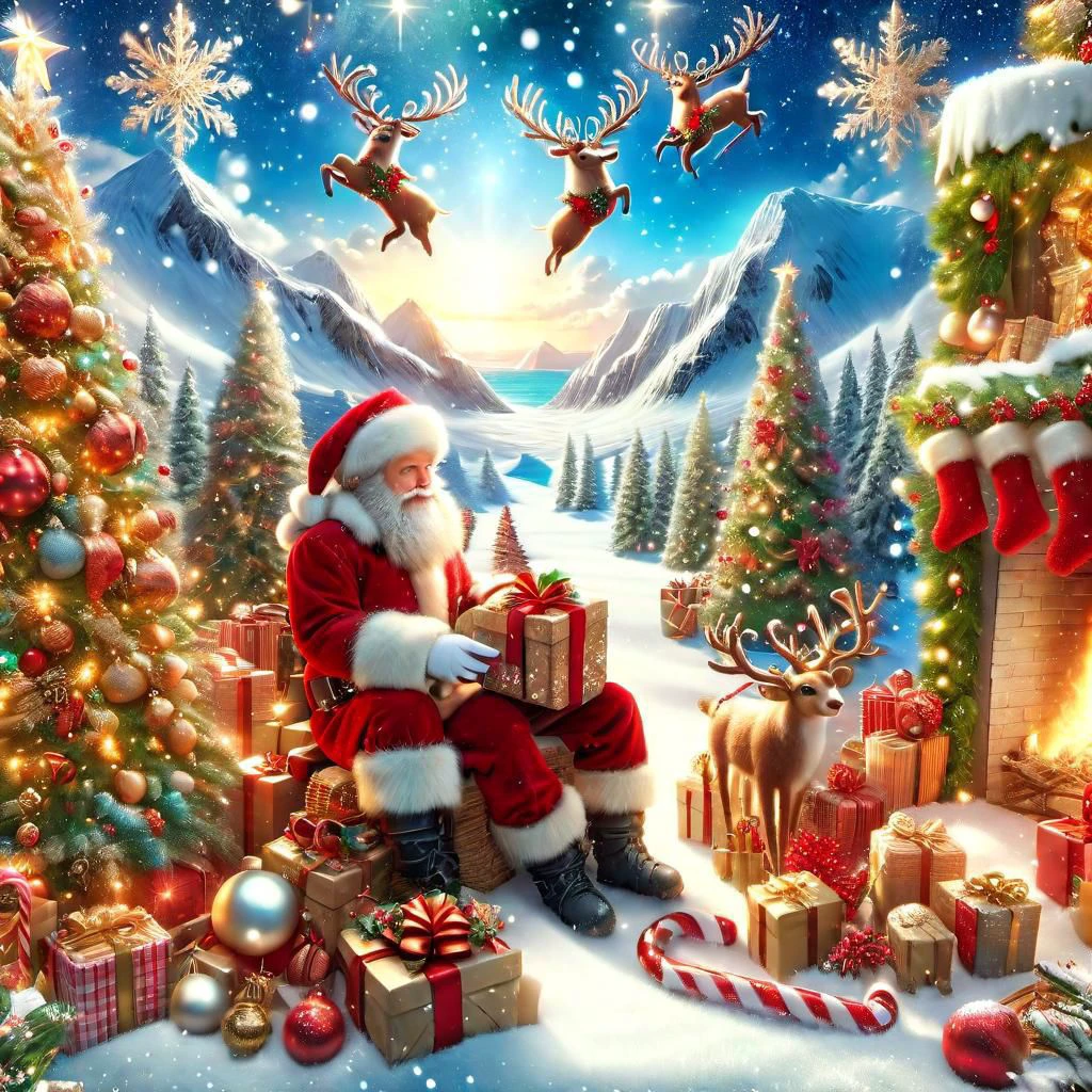 a person giving a Christmas present to someone in need of joy, masterpiece, ChristmasDecorativeStyle, zoomed out:-.15, North Pole background, giving pose, (full body portrait), hyper exquisite, extreme insanely realistic detailed and intricate, extreme quality, extreme best picture, extreme realistic detail, extreme photo realism, 1080P, HD, VFX, SFX, FKAA, TXAA, RTX, SSAO,