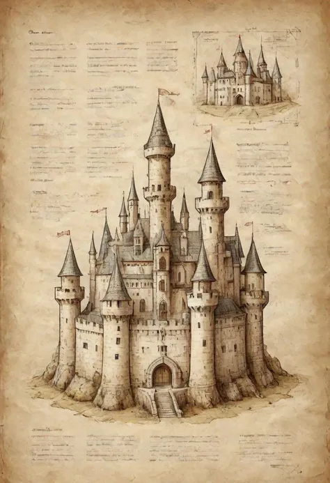 on parchment Hand drawn illustration of a castle with detailed schematics of rooms and layout, detailed drawings cross section concept sheet sketch