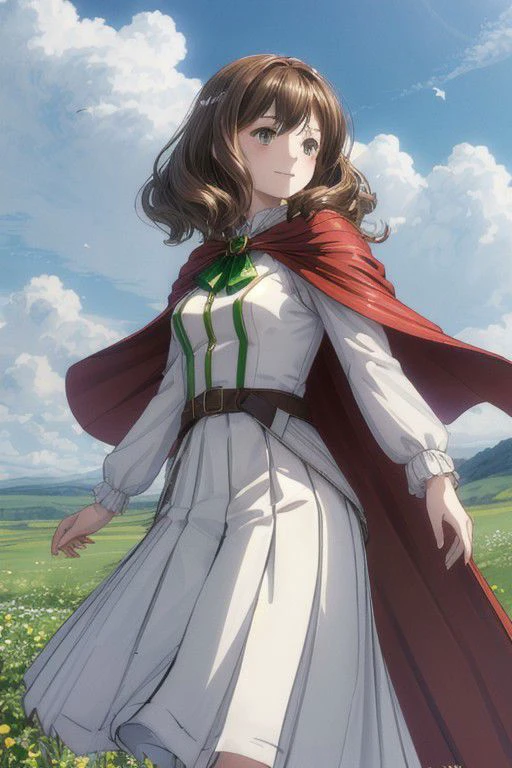 (masterpiece:1.2, best quality), (ultra-detailed), (illustration), (ultra highres), (delicate illustration), (hyper detailed), Ehre , beautiful girl , 20yo, brown hair, wave bob hair style, shoulder length hair, light brown eyes, dark red cape , white coat, belt, ((green long skirt)) , green long pleated skirt, Fixhand, smiling , look at viewer, outdoor, floating from ground, beautiful blue sky