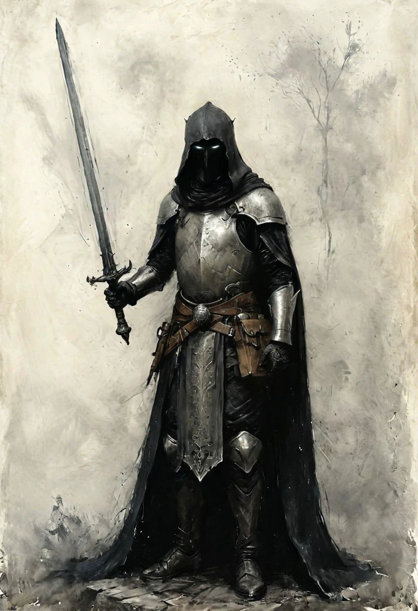 concept art of abyss knight, (((Abyssal Watcher))), worshiper of darkness, unholy,
wearing (ragged, brigand, gripping a XXL giant ((metal and stone)) shaped sword ,enveloped in (fog) , leather tunic, metal plates and cloth, round shaped helmet, armor sewn together), gothic, legionaire, by Jean-Baptiste Monge , Nazgul from lord of the rings, coif leather, holding a parchment script scroll, darkness and smoke behind