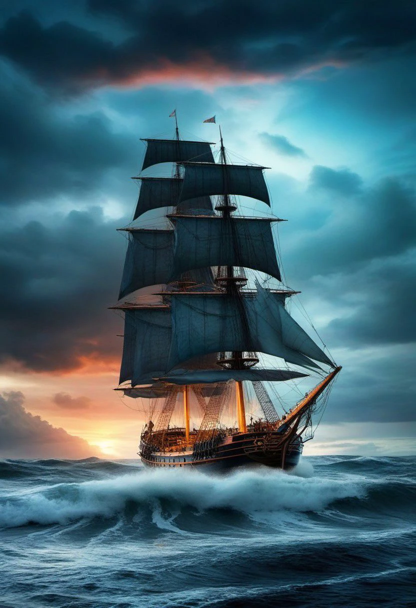 A three-masted sailing vessel with torn sails in stormy seas during a typhoon makes its way through huge waves, thunderbolt in moody clouds and unusual colors