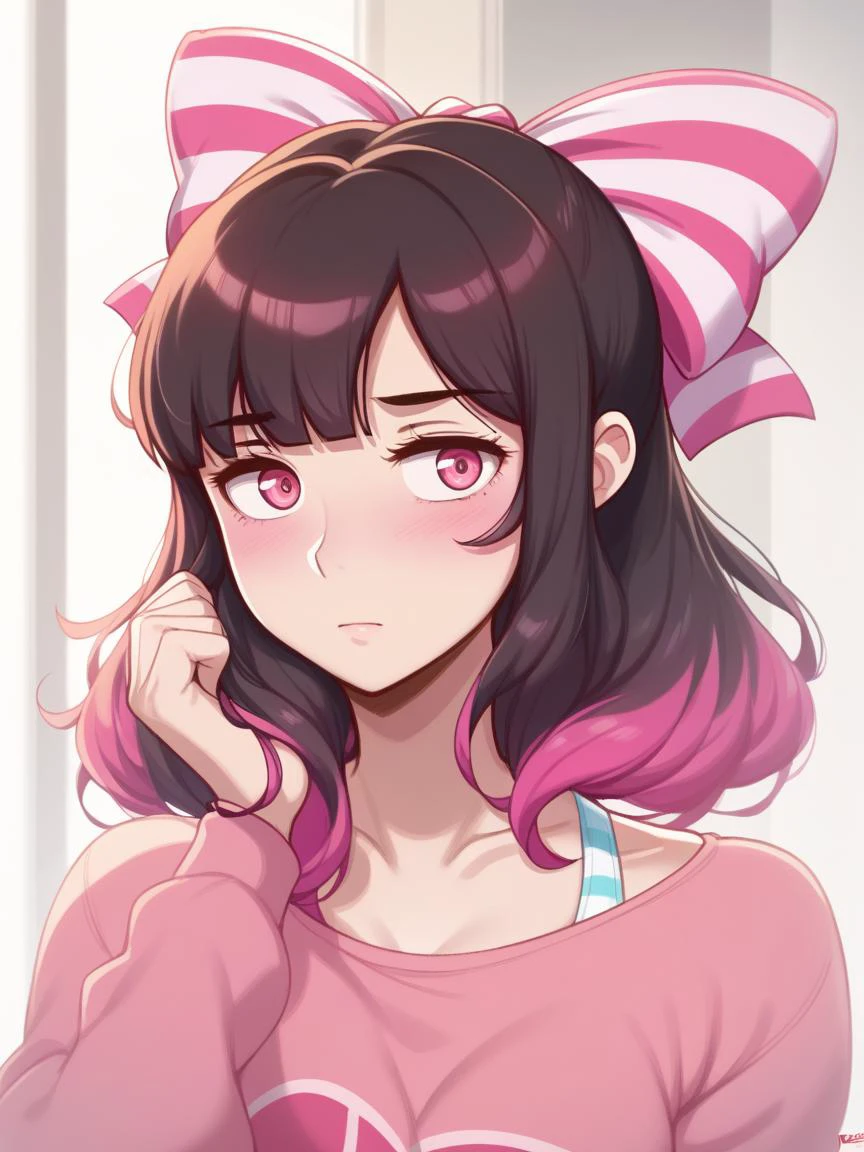 score_9, score_8_up, score_7_up, best quality, masterpiece, 4k, perfect lighting, very aesthetic, anime BREAK
beautiful woman, cover art, sexy, looking at viewer,
dark chestnut hair (Faux Hawk), <lora:back_hair_bow-PD-1.0:1> striped back hair bow,
long sleeve top,
dross,
bathroom,
close-up,
shy