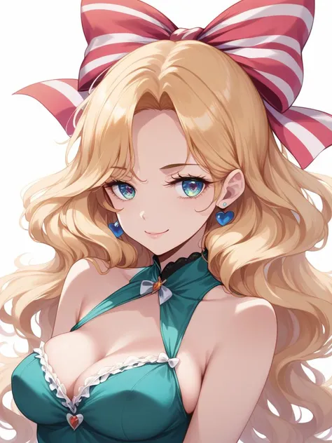 score_9, score_8_up, score_7_up, best quality, masterpiece, 4k, perfect lighting, very aesthetic, anime BREAK
beautiful woman, cover art, sexy, looking at viewer, 
blonde hair (Wavy Hair), <lora:back_hair_bow-PD-1.0:1> striped back hair bow, 
prom dress,
fuya,
simple background,
face close-up,
smug