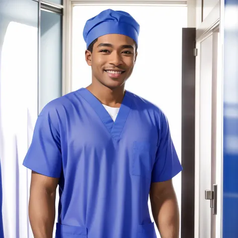RAW photo, absurdres, high quality, photorealistic, sharp focus,
a man wearing scrubs looking at viewer, smile, gloves, cap,
indoors, hospital, hallway,
photo realism, ultra-detailed, 50mm, f1. 4, 8k uhd, film grain,
<lora:nurse:1>