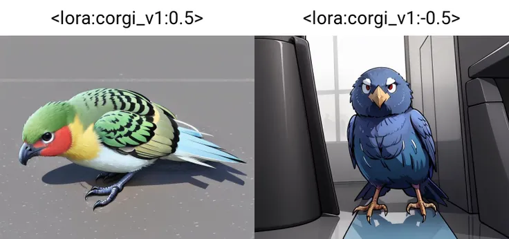 (bird:1.2),  <lora:corgi_v1:0.5>, (no humans:1)