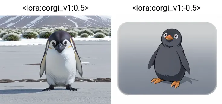 (penguin:1.2),  <lora:corgi_v1:0.5>, (no humans:1)