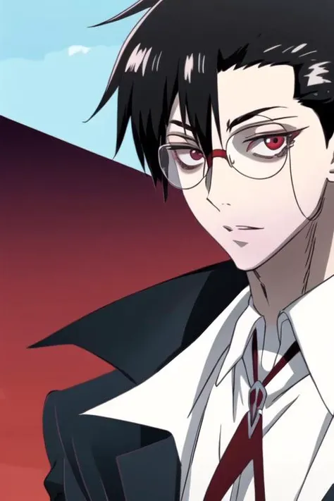 masterpiece, best quality, wallpaper, 1boy, solo, male focus, looking at viewer, , , anime coloring, , <lora:braz_d_blood:0.78>, braz_d_blood, black hair, red eyes, glasses, bags under eyes, , fairytale, 2k resolution