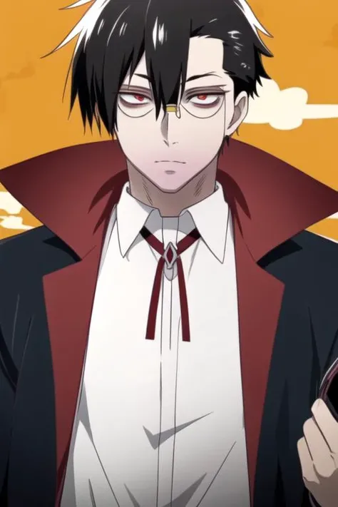 masterpiece, best quality, , 1boy, solo, male focus, looking at viewer, upper body, , , , <lora:braz_d_blood:0.76>, braz_d_blood, black hair, red eyes, glasses, bags under eyes, , , HD