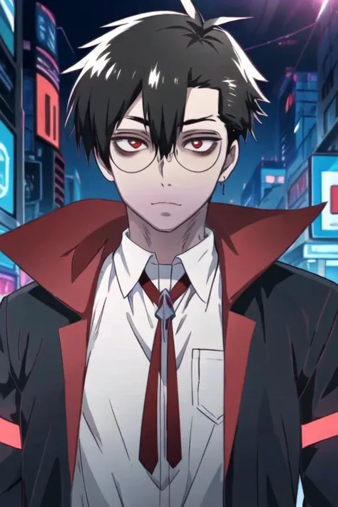 masterpiece, best quality, game cg, 1boy, solo, male focus, looking at viewer, upper body, depth of field, ligne claire, , <lora:braz_d_blood:0.82>, braz_d_blood, black hair, red eyes, glasses, , shirt, , cyberpunk, 12k resolution