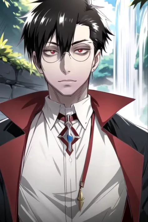 masterpiece, best quality, sketch, 1boy, solo, male focus, looking at viewer, upper body, depth of field, , realistic, <lora:braz_d_blood:0.80>, braz_d_blood, black hair, red eyes, glasses, , , waterfall, HD-DVD