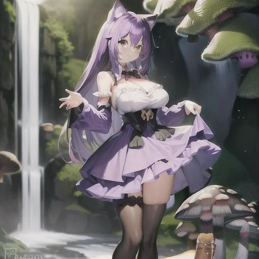 cat girl, purple, fully clothed, old european dress, (standing tall), (background is fantasy waterfall), ((mushrooms)), slim, skinny <lora:CheshireGirl_revampV3:.5>