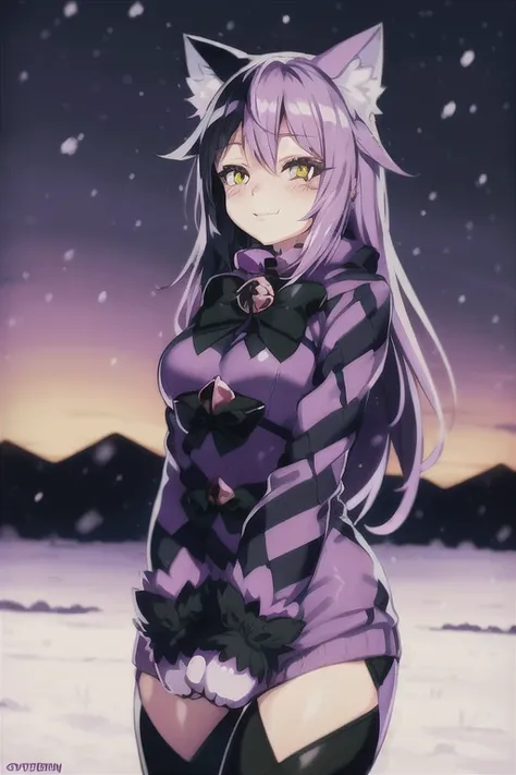 cat girl, purple, fully clothed, winter clothes, (staring into the distance), (background is snowy fields), slim, skinny <lora:CheshireGirl_revampV3:.75>