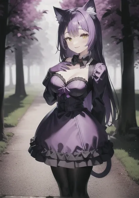 cat girl, purple, fully clothed, old european dress, (standing tall), (background is dark an creepy forest, slim, skinny <lora:CheshireGirl_revampV3:.5>
