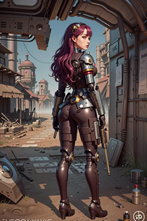 (masterpiece), (best_quality), (ultra-detailed), (illustration), (welcoming), depth of field, 1girl, (clockwork robotic booth babe:1.3), (in a  wasteland:1.3), full body, iridescent magenta hair, bombshell hime cut, lipstick, , [:casual, sexy costume design:0.2], (from side:1.5),(from behind:1.5), (looking at viewer:1.7), small breasts, wide hips, hourglass figure,, (thighhigh boots:1.2), , official art, vivid color, finely detailed, hyper detailed, 8k, high resolution illustration, absurdres, intricate detail<lora:GoodHands-beta2:0><lora:EnvyColdShower_v11:1>