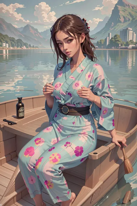 (masterpiece), (best_quality), (ultra-detailed), (illustration), (welcoming), 1girl, (cyberpunk emotionless mechanic potion maker:1.3), elf, (in a  boat on a lake:1.3), scenery, (full body:1.4), thigh gap, dark auburn hair, curly hair, long hair, neon red lipstick, , pose, [:skimpy costume design:0.2], tattoos, (small breasts:1.5), wide hips, tall, athletic thicc slim toned hourglass figure,(muscular:0.6), skindentation, ((yukata, shirt lift:1.3):1.2), , official art, vivid color, finely detailed, hyper detailed, 8k, high resolution illustration, absurdres, intricate detail<lora:GoodHands-beta2:1.3><lora:EnvyColdShower_v11:1>