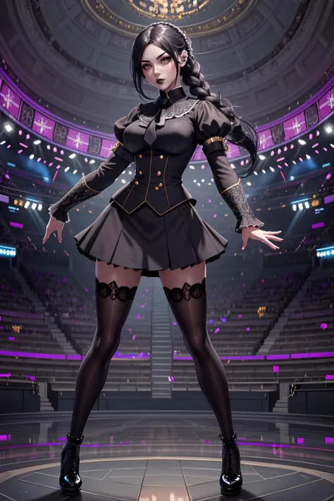 beautiful, elegant, confident, (masterpiece), (best_quality), (ultra-detailed), (illustration), (welcoming), bokeh,1girl, (bad goth brawler:1.3), (at a vast concert:1.3), scenery, (full body:1.4), gray hair, french braids, pose, [:colorful costume design:0.2], legwarmers,glowing eyes, perfect hourglass figure,, (uniform:1.2), , official art, vivid color, finely detailed, hyper detailed, 8k, high resolution illustration, absurdres, intricate detail<lora:EnvyElegance598-quantile28:1><lora:EnvyColdShower_v11:1>