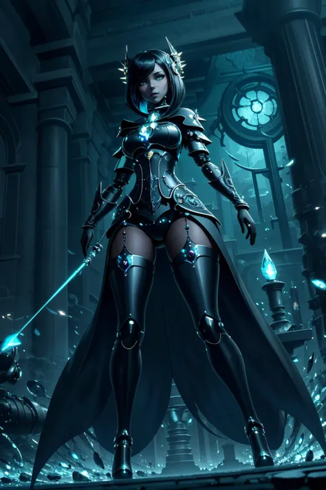 beautiful, elegant, confident, (masterpiece), (best_quality), (ultra-detailed), (illustration), (welcoming), depth of field, 1girl, (obsidian machinist bot:1.3), (in a urban, gothic smithy:1.3), scenery, full body, neon black hair, medium hair, , yellow eyes, pose, [:intricate, formal costume design:0.2], (from below:1.5), wide hips, narrow waist, tall, slim perfect hourglass figure,, (sorceress outfit:1.2), (dark skin:1.3), official art, vivid color, finely detailed, hyper detailed, 8k, high resolution illustration, absurdres, intricate detail<lora:EnvyElegance598-quantile28:1><lora:EnvyColdShower_v11:1>