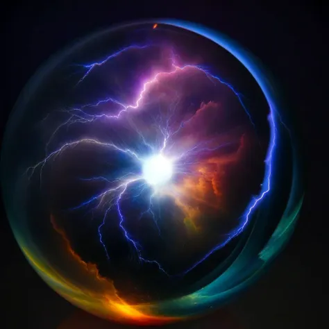 glass orb, close-up photo of a colorful lightning, cloudy night