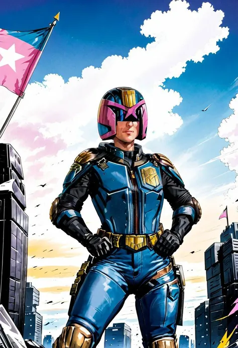 Tarot Card Style, AgendaMix Style, Judge dredd, helmet, 2000ad style, Garth Ennis, Transgender Dredd, 1girl, belt, blue jacket, blue pants, choker, denim, earrings, flag, gloves, headband, holding, holding flag, jacket, jeans, jewelry, looking at viewer, open clothes, open jacket, outdoors, pants, parted lips, purple eyes, shirt, short hair, sky, smile, solo, torn clothes, torn pants, white gloves, white shirt, (flat colors, retro anime, transgender pastel colors), masterpiece, best quality, Dredd1024