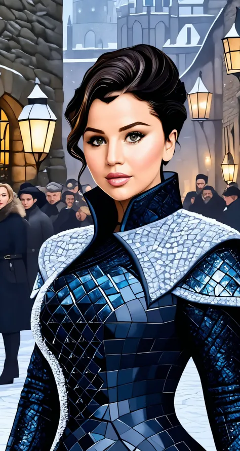 ivy lebelle, sassy style, ([selena gomez|jennifer lawrence]:1.0) closeup, ,
[cartoon, vector art, anime :realistic, real life, hyper realistic:0.30],
beautiful young woman, , large breasts, , fallacious,
standing tall and regal in the snowy courtyard of Winterfell, Byzantine mosaic, against the backdrop of foggy London streets,
best quality, , ,