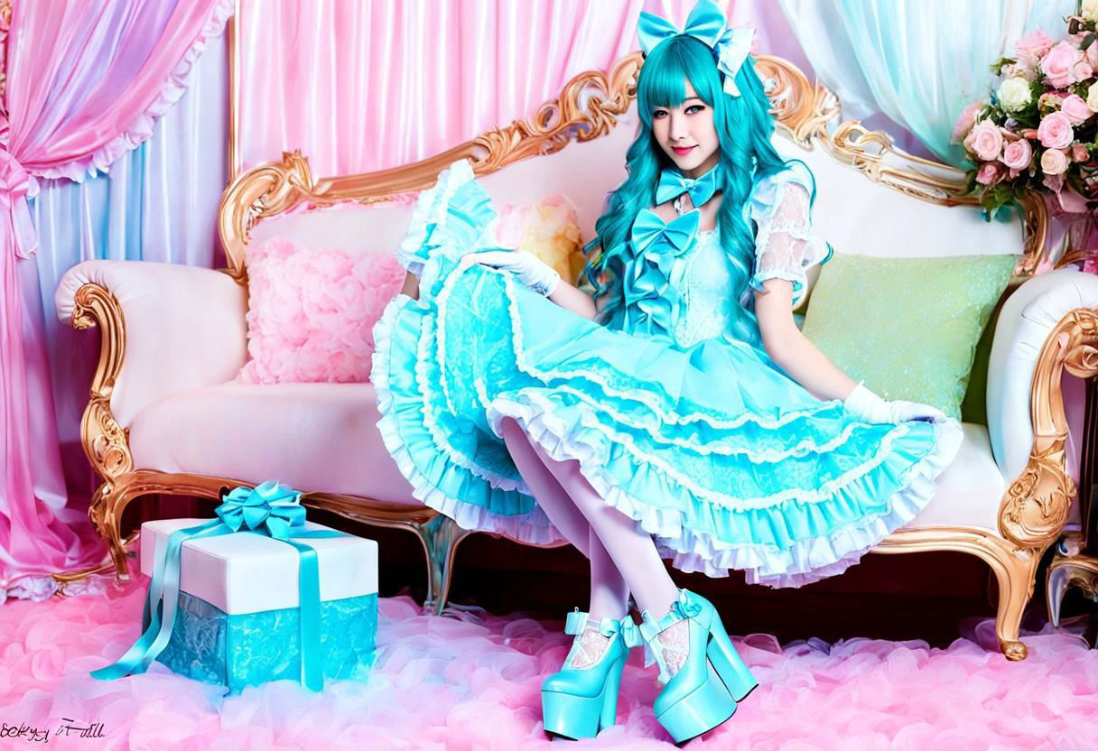 (kawaii, cute, tafashion:1), (cyan magical girl, long hair, multicolored hair:1.2), (pastel frilly lolishion dress:1.2), (lace gloves, multilayered dress:1), (shiny glossy gradient clothing:1.3), soft lighting, (cute shoes, lolitafan shoes, shoes focus, bobby socks:1.2), (many frills, many big bows, lace:1.3), (glossy lips, kawaii makeup:1.2), (happy smile:1), (sitting on pink sofa:1.3), (sparkling hair, sparkling clothes, sparkling eyes:1.1),
