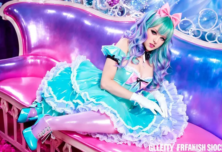 (latex theme, tafashion:1), (latex magical girl, long hair, multicolored hair:1.2), (pastel frilly latex lolishion dress:1.2), (lace gloves, multilayered dress:1), (shiny glossy translucent clothing, gleaming oily latex fabric:1.1), soft lighting, (cute shoes, lolitafan shoes, shoes focus, bobby socks:1.2), (many frills, many big bows, lace:1.3), (glossy lipstick, eyeshadow, mascara, bimbo makeup:1.2), (sitting on latex sofa:1.3), (sparkling hair, sparkling clothes, sparkling eyes:1.1),