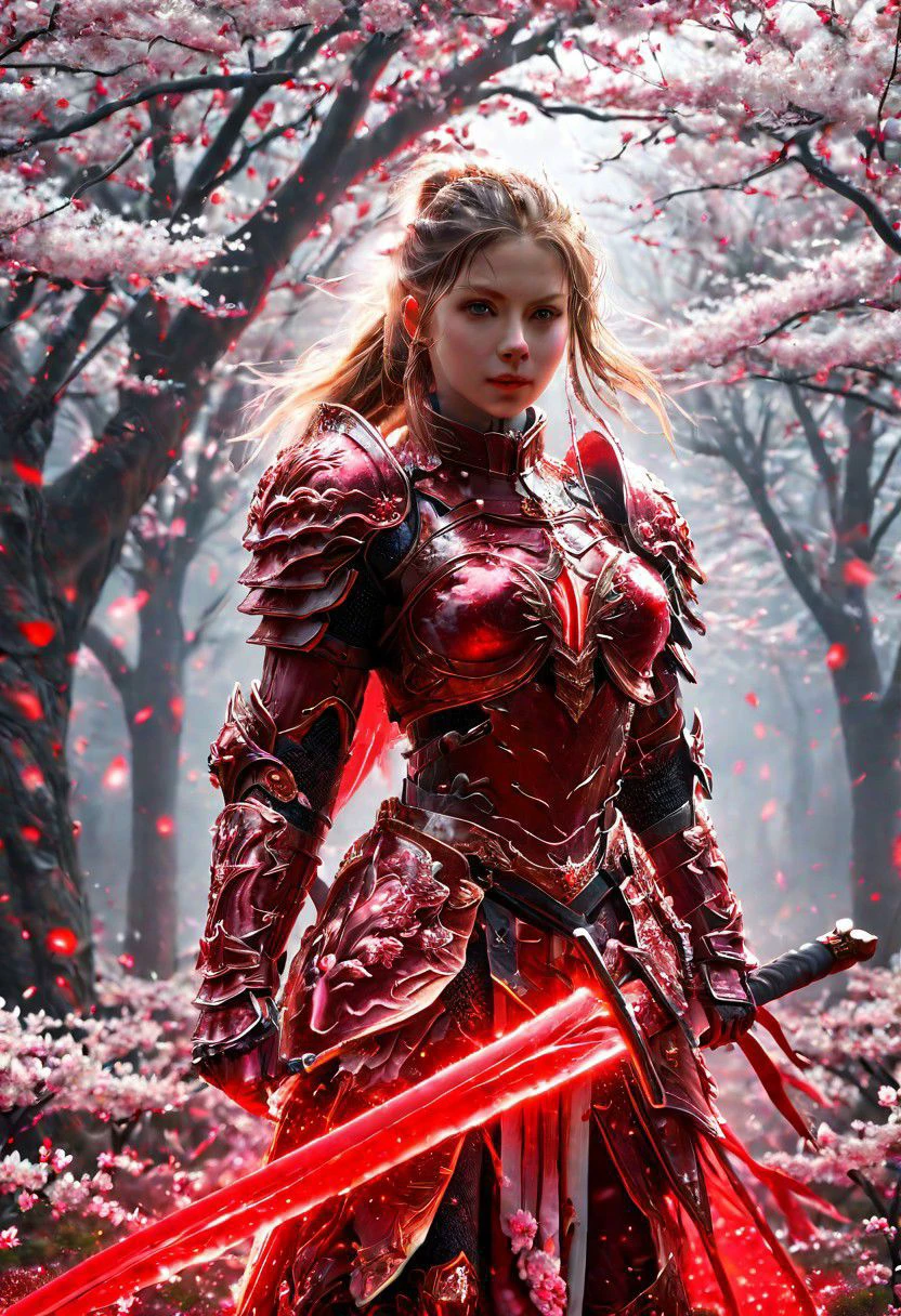 amazing quality, masterpiece, best quality, hyper detailed, ultra detailed, UHD, perfect anatomy, blurry background, outdoor,( cherry blossoms:0.6), fog, studio lighting, bright foreground, face to viewer,
(red hybrid white) armor, female, holding, sword with ral-elctryzt, ponytail, glowing, shine, dazzling,
<lora:HKStyle:0.85>, HKStyle,
<lora:add-detail-xl:0.75>,
<lora:quality1:0.75>,
<lora:extremely_detailed:1.5>, extremely detailed,
<lora:ral-elctryzt-sdxl:0.6>,