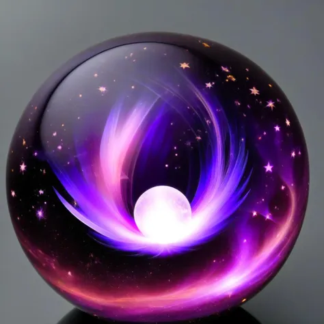 glass orb, violet flame, stars background