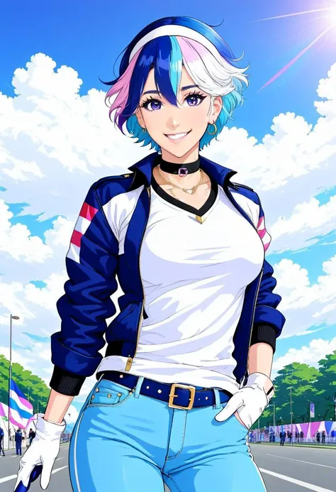 AgendaMix Style, 1girl, belt, blue hair, blue jacket, blue pants, choker, denim, earrings, flag, gloves, headband, holding, holding flag, jacket, jeans, jewelry, looking at viewer, open clothes, open jacket, outdoors, pants, parted lips, purple eyes, shirt, short hair, sky, smile, solo, torn clothes, torn pants, white gloves, white hair, white shirt, (flat colors, retro anime, transgender pastel colors), masterpiece, best quality,
