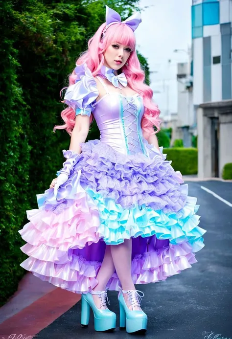(latex theme, lolitafashion:1), (latex magical girl, long hair, multicolored hair:1.2), (pastel frilly latex lolitafashion dress:1.2), (lace gloves, multilayered dress:1), (shiny glossy translucent clothing, gleaming oily latex fabric:1.1), soft lighting, (cute shoes, lolitafashion shoes, shoes focus, bobby socks:1.2), (many frills, many big bows, lace:1.3), (glossy lipstick, eyeshadow, mascara, bimbo makeup:1.2), (sitting on latex sofa:1.3), (sparkling hair, sparkling clothes, sparkling eyes:1.1),