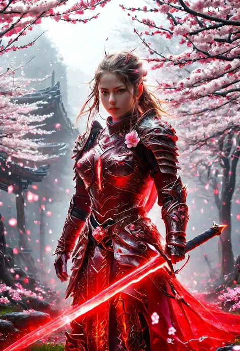 amazing quality, masterpiece, best quality, hyper detailed, ultra detailed, UHD, perfect anatomy, blurry background, outdoor,( cherry blossoms:0.6), fog, studio lighting, bright foreground, face to viewer,
(red hybrid white) armor, female, holding, sword with ral-elctryzt, ponytail, glowing, shine, dazzling,
<lora:HKStyle:0.85>, HKStyle,
<lora:add-detail-xl:0.75>,
<lora:quality1:0.75>,
<lora:extremely_detailed:1.5>, extremely detailed,
<lora:ral-elctryzt-sdxl:0.6>,