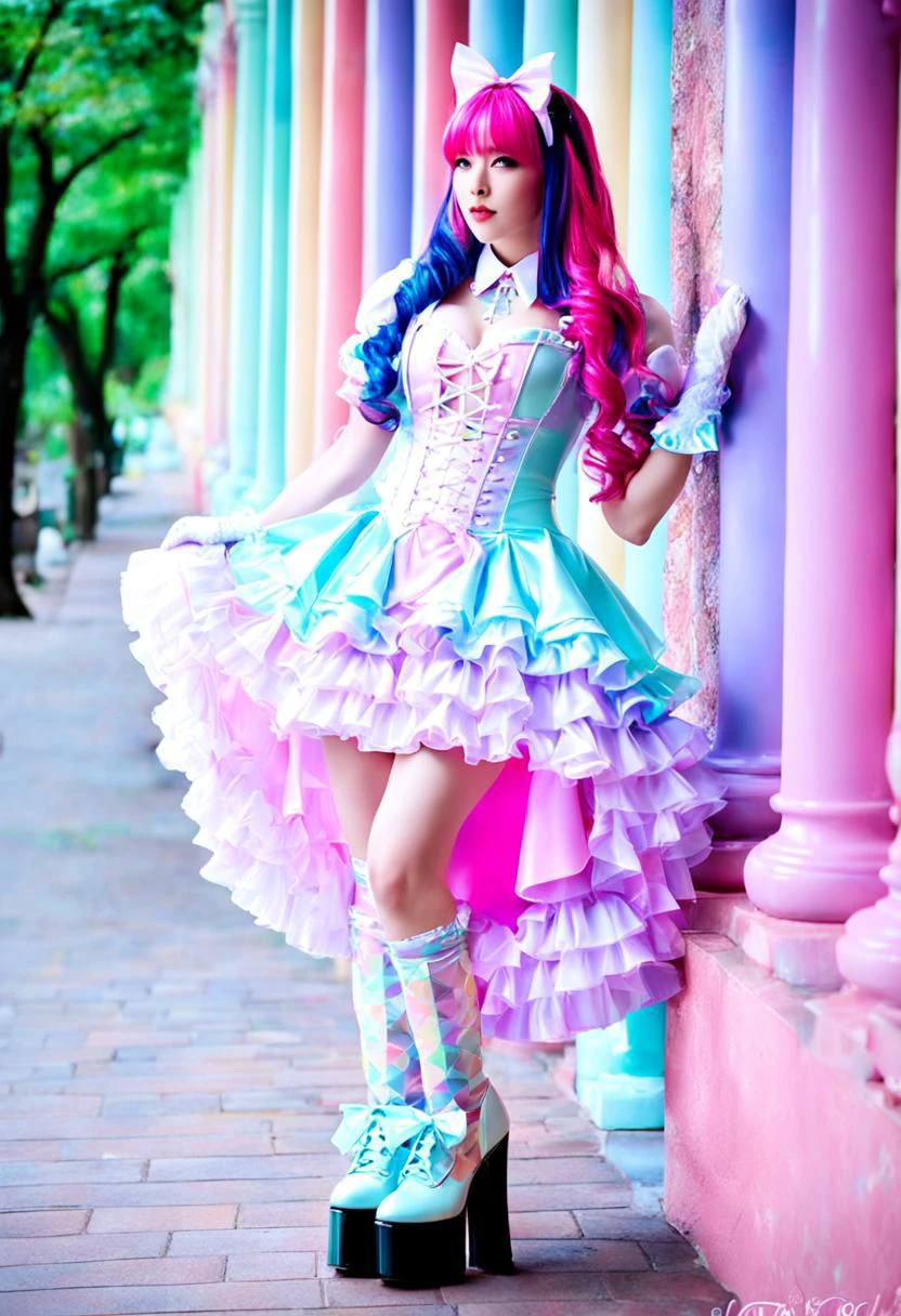 (latex theme, tafashion:1), (latex magical girl, long hair, multicolored hair:1.2), (pastel frilly latex lolishion dress:1.2), (lace gloves, multilayered dress:1), (shiny glossy translucent clothing, gleaming oily latex fabric:1.1), soft lighting, (cute shoes, lolitafan shoes, shoes focus, bobby socks:1.2), (many frills, many big bows, lace:1.3), (glossy lipstick, eyeshadow, mascara, bimbo makeup:1.2), (sitting on latex sofa:1.3), (sparkling hair, sparkling clothes, sparkling eyes:1.1),