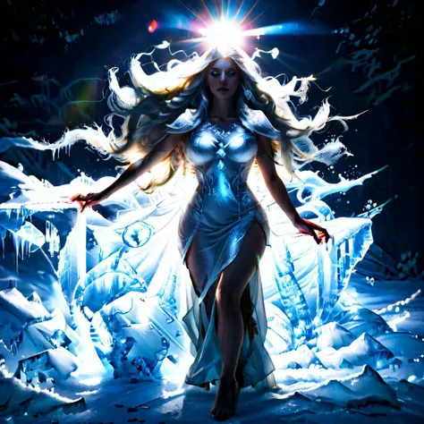 Full body of a girl wearing a white dress with very long hair covered with ice contoured, ice detail, bright lighting from the icy sun