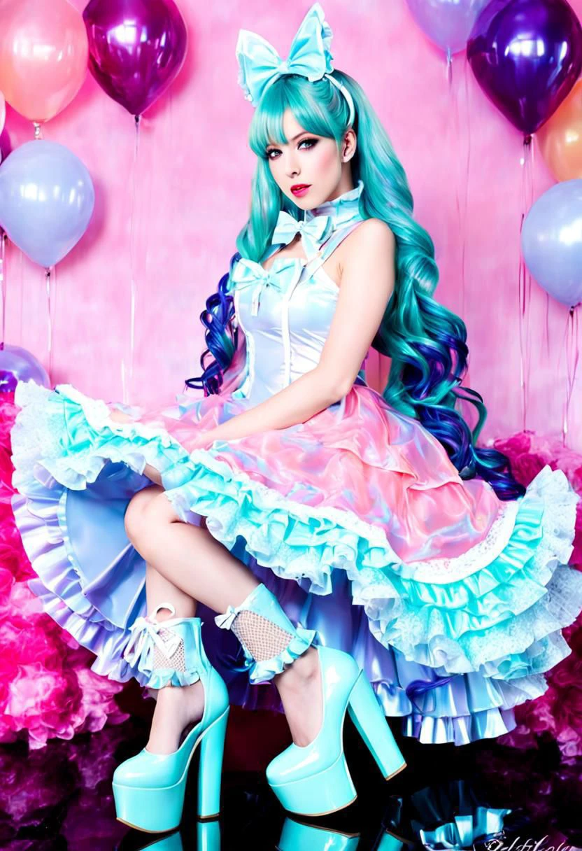 (latex theme, tafashion:1), (latex magical girl, long hair, multicolored hair:1.2), (pastel frilly latex lolishion dress:1.2), (lace gloves, multilayered dress:1), (shiny glossy translucent clothing, gleaming oily latex fabric:1.1), soft lighting, (cute shoes, lolitafan shoes, shoes focus, bobby socks:1.2), (many frills, many big bows, lace:1.3), (glossy lipstick, eyeshadow, mascara, bimbo makeup:1.2), (sitting on latex sofa:1.3), (sparkling hair, sparkling clothes, sparkling eyes:1.1),