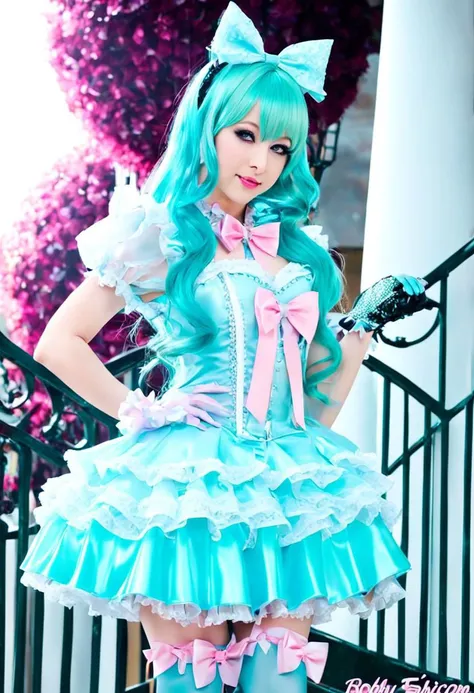 (kawaii, cute, lolitafashion:1), (cyan magical girl, long hair, multicolored hair:1.2), (pastel frilly latex lolitafashion dress:1.2), (lace gloves, multilayered dress:1), (shiny glossy gradient latex clothing:1.3), soft lighting, (cute shoes, lolitafashion shoes, shoes focus, bobby socks:1.2), (many frills, many big bows, lace:1.3), (glossy lips, kawaii makeup:1.2), (happy smile:1), (sitting on latex sofa:1.3), (sparkling hair, sparkling clothes, sparkling eyes:1.1),