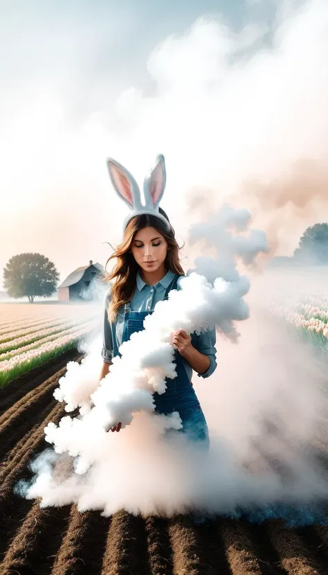 dissolve style, a girl with bunny ears dissolve into smoke, farm background