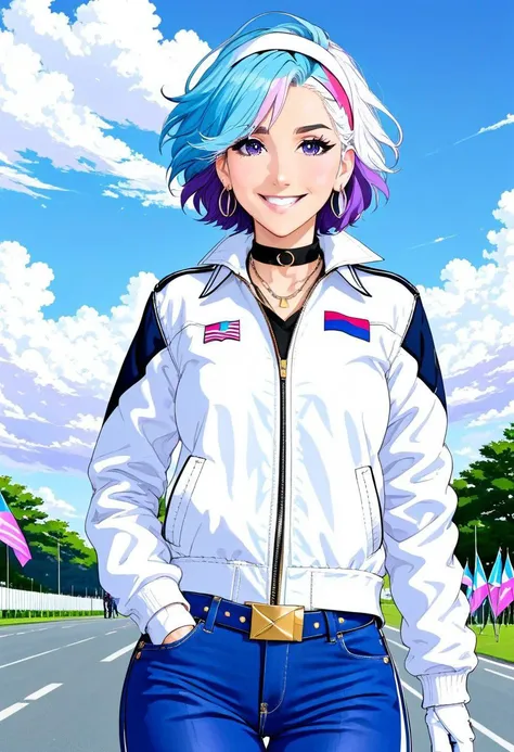 AgendaMix Style, 1girl, belt, blue hair, blue jacket, blue pants, choker, denim, earrings, flag, gloves, headband, holding, holding flag, jacket, jeans, jewelry, looking at viewer, open clothes, open jacket, outdoors, pants, parted lips, purple eyes, shirt, short hair, sky, smile, solo, torn clothes, torn pants, white gloves, white hair, white shirt, (flat colors, retro anime, transgender pastel colors), masterpiece, best quality,