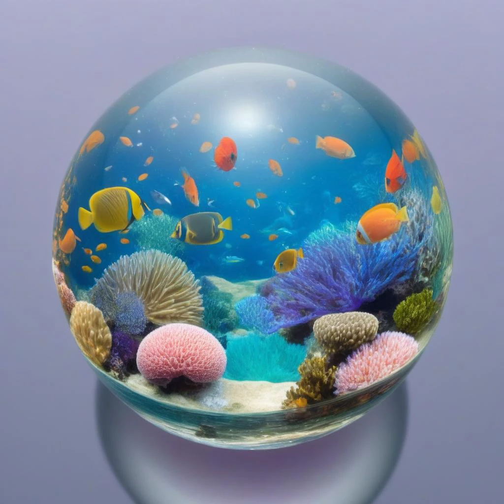 glass orb, sea water fishes, corals, bottom of the ocean
