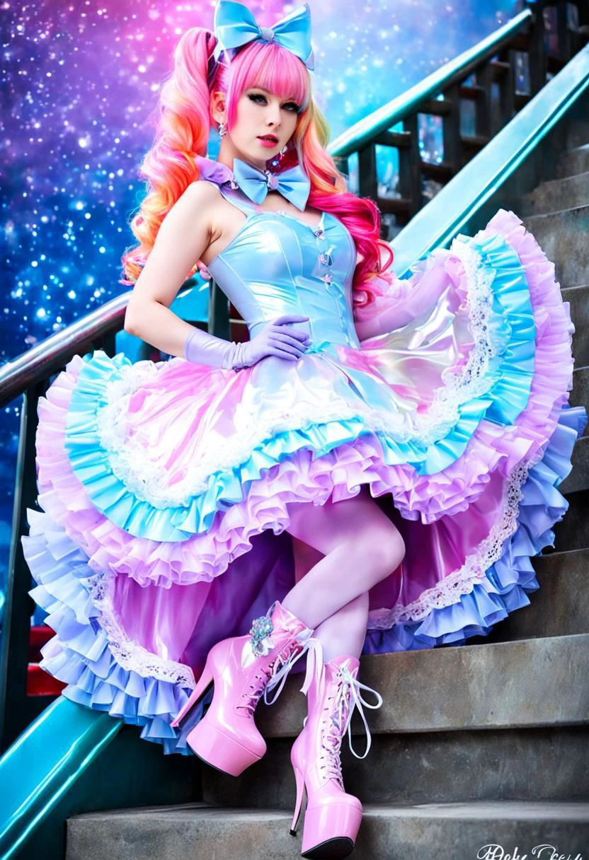 (latex theme, latex tafashion:1), (latex magical girl, long hair, multicolored hair:1.2), (pastel frilly latex lolishion dress:1.2), (lace gloves, multilayered dress:1), (shiny glossy translucent clothing, gleaming oily latex fabric:1.1), soft lighting, (cute shoes, latex shoes, shoes focus, bobby socks:1.2), (many frills, many big bows, lace:1.3), (glossy lipstick, eyeshadow, mascara, bimbo makeup:1.2), (sitting on latex sofa:1.3), (sparkling hair, sparkling clothes, sparkling eyes:1.1),
