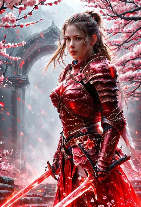 amazing quality, masterpiece, best quality, hyper detailed, ultra detailed, UHD, perfect anatomy, blurry background, outdoor,( cherry blossoms:0.6), fog, studio lighting, bright foreground, face to viewer,
(red hybrid white) armor, female, holding, sword with ral-elctryzt, ponytail, glowing, shine, dazzling,
<lora:HKStyle:0.85>, HKStyle,
<lora:add-detail-xl:0.75>,
<lora:quality1:0.75>,
<lora:extremely_detailed:1.5>, extremely detailed,
<lora:ral-elctryzt-sdxl:0.6>,