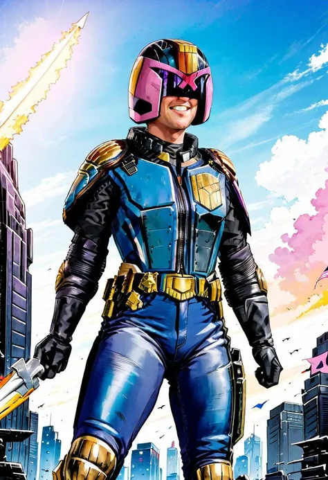 Tarot Card Style, AgendaMix Style, Judge dredd, helmet, 2000ad style, Garth Ennis, Transgender Dredd, 1girl, belt, blue jacket, blue pants, choker, denim, earrings, flag, gloves, headband, holding, holding flag, jacket, jeans, jewelry, looking at viewer, open clothes, open jacket, outdoors, pants, parted lips, purple eyes, shirt, short hair, sky, smile, solo, torn clothes, torn pants, white gloves, white shirt, (flat colors, retro anime, transgender pastel colors), masterpiece, best quality, Dredd1024
