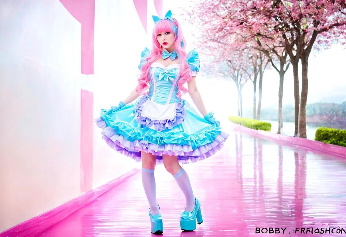 (latex theme, tafashion:1), (latex magical girl, long hair, multicolored hair:1.2), (pastel frilly latex lolishion dress:1.2), (lace gloves, multilayered dress:1), (shiny glossy translucent clothing, gleaming oily latex fabric:1.1), soft lighting, (cute shoes, lolitafan shoes, shoes focus, bobby socks:1.2), (many frills, many big bows, lace:1.3), (glossy lipstick, eyeshadow, mascara, bimbo makeup:1.2), (sitting on latex sofa:1.3), (sparkling hair, sparkling clothes, sparkling eyes:1.1),