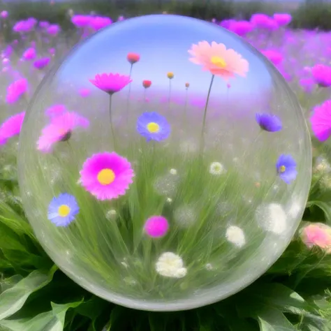 glass orb, field of colorful flowers