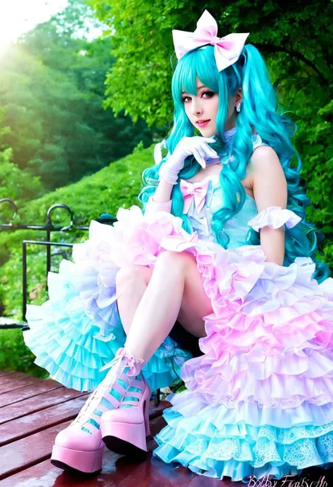 (kawaii, cute, tafashion:1), (cyan magical girl, long hair, multicolored hair:1.2), (pastel frilly latex lolishion dress:1.2), (lace gloves, multilayered dress:1), (shiny glossy gradient latex clothing:1.3), soft lighting, (cute shoes, lolitafan shoes, shoes focus, bobby socks:1.2), (many frills, many big bows, lace:1.3), (glossy lips, kawaii makeup:1.2), (happy smile:1), (sitting on latex sofa:1.3), (sparkling hair, sparkling clothes, sparkling eyes:1.1),