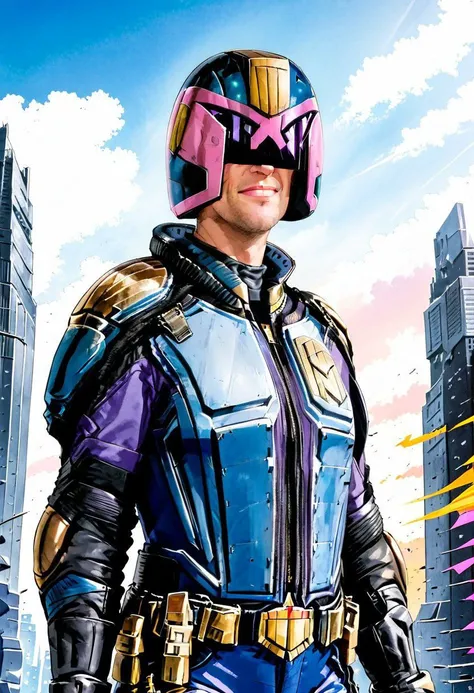 Tarot Card Style, AgendaMix Style, Judge dredd, helmet, 2000ad style, Garth Ennis, Transgender Dredd, 1girl, belt, blue jacket, blue pants, choker, denim, earrings, flag, gloves, headband, holding, holding flag, jacket, jeans, jewelry, looking at viewer, open clothes, open jacket, outdoors, pants, parted lips, purple eyes, shirt, short hair, sky, smile, solo, torn clothes, torn pants, white gloves, white shirt, (flat colors, retro anime, transgender pastel colors), masterpiece, best quality, Dredd1024