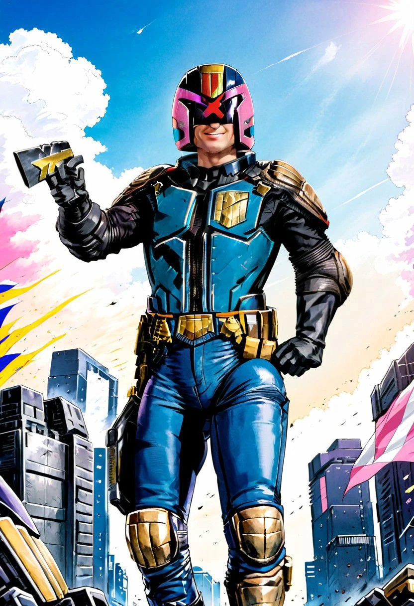 Tarot Card Style, AgendaMix Style, Judge dredd, helmet, 2000ad style, Garth Ennis, Transgender Dredd, 1girl, belt, blue jacket, blue pants, choker, denim, earrings, flag, gloves, headband, holding, holding flag, jacket, jeans, jewelry, looking at viewer, open clothes, open jacket, outdoors, pants, parted lips, purple eyes, shirt, short hair, sky, smile, solo, torn clothes, torn pants, white gloves, white shirt, (flat colors, retro anime, transgender pastel colors), masterpiece, best quality, Dredd1024