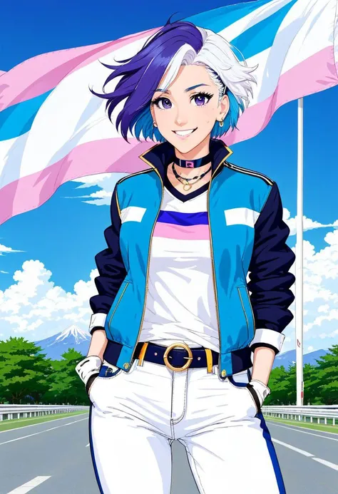 AgendaMix Style, 1girl, belt, blue hair, blue jacket, blue pants, choker, denim, earrings, flag, gloves, headband, holding, holding flag, jacket, jeans, jewelry, looking at viewer, open clothes, open jacket, outdoors, pants, parted lips, purple eyes, shirt, short hair, sky, smile, solo, torn clothes, torn pants, white gloves, white hair, white shirt, (flat colors, retro anime, transgender pastel colors), masterpiece, best quality,