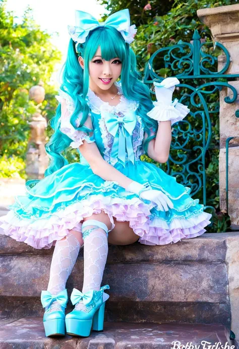 (kawaii, cute, tafashion:1), (cyan magical girl, long hair, multicolored hair:1.2), (pastel frilly lolishion dress:1.2), (lace gloves, multilayered dress:1), (shiny glossy gradient clothing:1.3), soft lighting, (cute shoes, lolitafan shoes, shoes focus, bobby socks:1.2), (many frills, many big bows, lace:1.3), (glossy lips, kawaii makeup:1.2), (happy smile:1), (sitting on pink sofa:1.3), (sparkling hair, sparkling clothes, sparkling eyes:1.1),