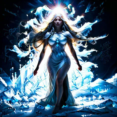 Full body of a girl wearing a white dress with very long hair covered with ice contoured, ice detail, bright lighting from the icy sun